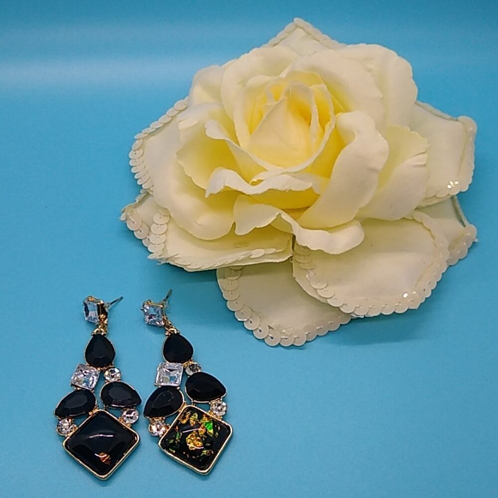 Black and Clear Crystal Chandelier Earrings Iridescent Shimmer